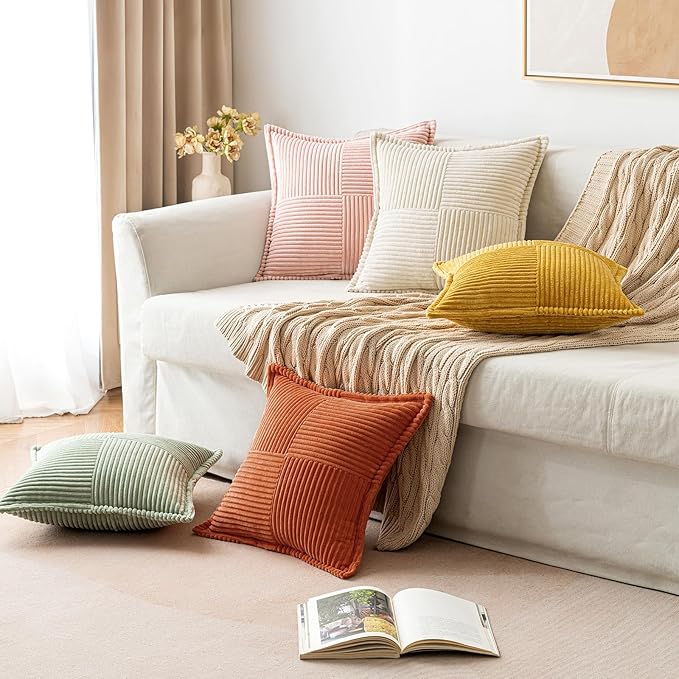 MIULEE Rust Fall Decorative Euro Sham Throw Pillow Covers for Couch Bed Livingroom 22x22 Inch Set of 2 Boho Accent Throw Pllows Broadside Striped Patchwork Soft Corduroy Pillowcases