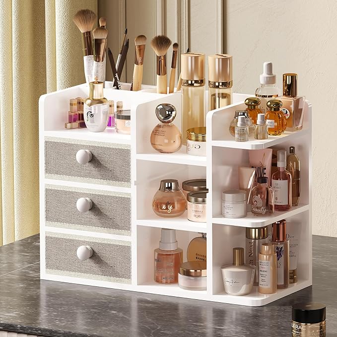 Bamboo Makeup Organizer Countertop With Brush Holder Drawer For Vanity,Large Bathroom Counter Organizers And Storage,Cosmetic Skincare Perfume Organizer,Easy To Store Nail Polish, Lipstick, Eyeshadow