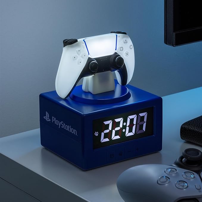 Paladone PlayStation DualSense Controller Digital Alarm Clock with Night Light Function - Officially Licensed Gaming & Bedroom Décor for Kids & Teens, White, Blue
