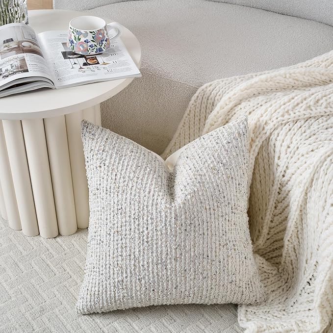 Striped Euro Sham Pillow Covers 26x26 Set of 2 Cream Grey Textured Boucle Chic Morden Boho Accent Farmhouse Square Decorative Couch Throw Pillow Covers for Home Decor Bed Sofa Living Room