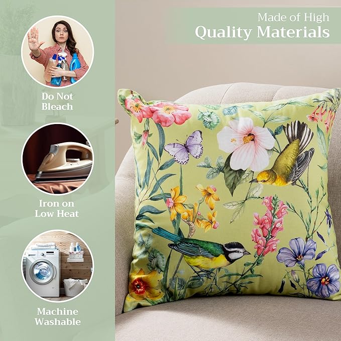 Maison d' Hermine Decorative Pillow Covers 18 x 18 Inch Square 100% Cotton Throw Pillow Covers with Invisible Zipper for Living Room Couch, Chair, Sofas, Bedroom, Home (Hesperides - Oiseaux)
