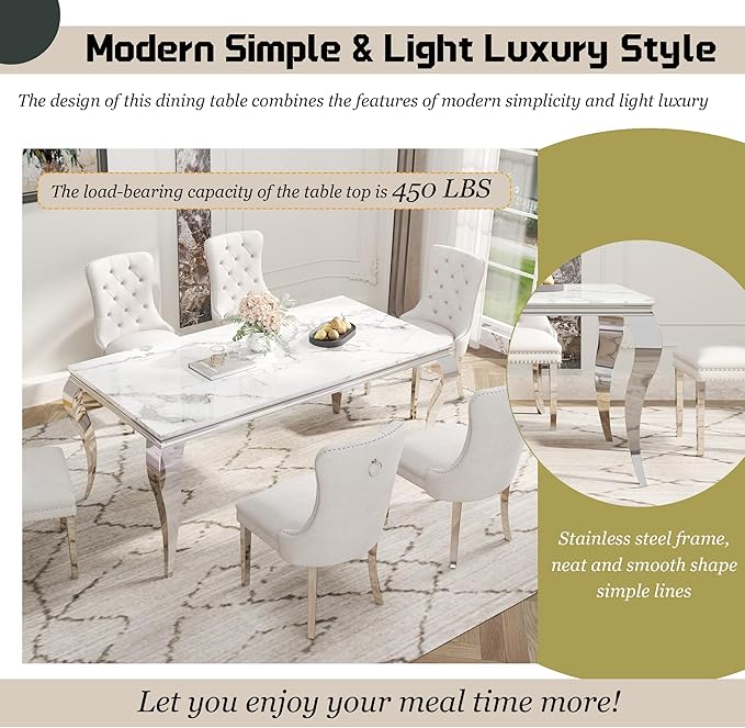 7-Piece Dining Table Set for 6, Faux Marble Dining Table Set with 70'' Marble Dinner Table and 6 Velvet Wing Back Chairs for Kitchen, Dining Room, White & Silver