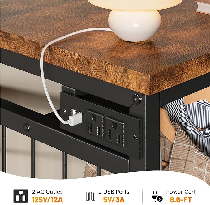 EnHomee 49.2" W Dresser with Hanging Rack & 6 Fabric Drawers – Wooden Top Storage Unit Featuring LED Lights, Charging Station & Grid Panel for Bedroom or Closet, Rustic Brown