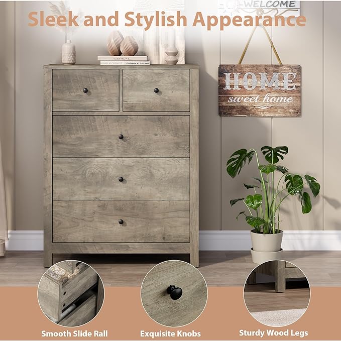 GarveeHome Grey 5 Drawer Dresser for Bedroom, Modern Tall Dresser Organizer with Storage Drawers, Wooden Chests of Drawers for Bedroom, Entryway, Hallway, Home Office