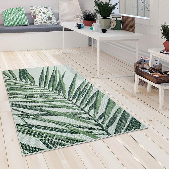 Outdoor Rug Green Beige with Palm Leaf Pattern for Patio Terrace Flat Weave, Size: 2'8" x 4'11"