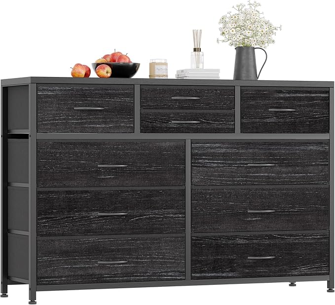 Jojoka Wide 10 Drawer Dresser,TV Stand Entertainment Center Fabric Storage Dressers Drawers for Bedroom, Hallway, Nursery, Closets, Steel Frame, Wood Top, Black Willow