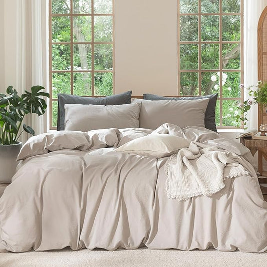 MooMee Bedding Duvet Cover Set 100% Washed Cotton Linen Like Textured Breathable Durable Soft Comfy (Solid Light Tan, Super King Plus 120"x120")
