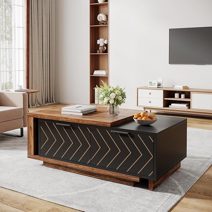 Tribesigns Extendable Coffee Table with 2 Storage Drawers, Dual-Tone Center Table with Sliding Tabletop, Multi-Functional Hidden Storage Wooden Rectangle Cocktail Table for Living Room (Brown & Black)
