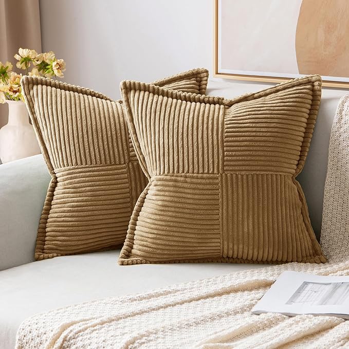 MIULEE Decorative Euro Sham Throw Pillow Covers for Couch Bed Livingroom 24x24 Inch Set of 2 Brown Boho Accent Throw Pllows Broadside Striped Patchwork Soft Corduroy Pillowcases