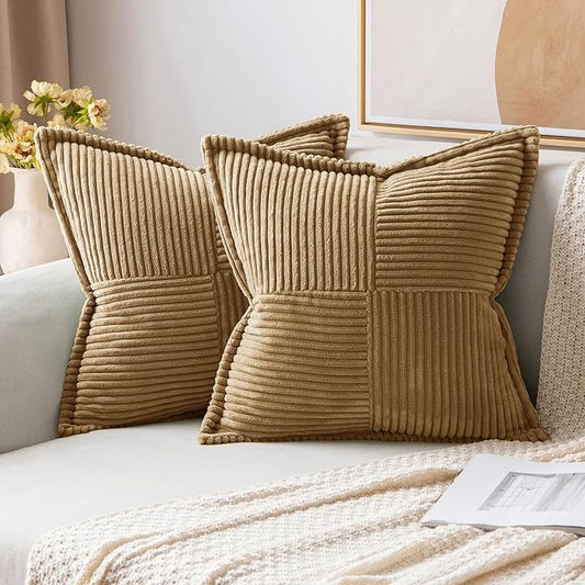 MIULEE Decorative Throw Pillow Covers for Couch Bed Livingroom 16x16 Inch Set of 2 Brown Boho Accent Throw Pllows Broadside Striped Patchwork Soft Corduroy Pillowcases