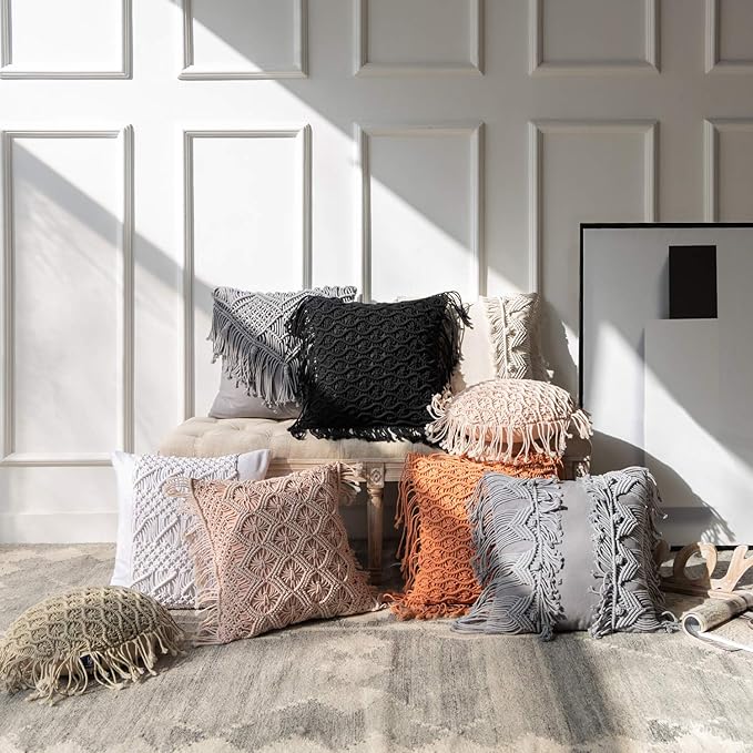 Phantoscope 100% Cotton Handmade Crochet Woven Boho Throw Pillow Farmhouse Pillow Insert Included Decorative Cushion for Couch Sofa White 18 x 18 inches