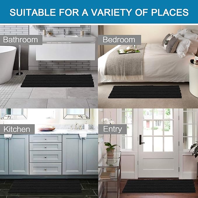 H.VERSAILTEX 2 Piece Bathroom Set Bathroom Rugs Bath Mats Sets Super Absorbent Chenille Striped Bath Mats Non Skid Machine Wash Dry Rugs for Bathroom Floor(Jet Black, 47 x 17 Plus 17 x 24 - Inches)