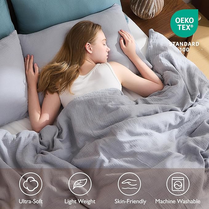 EMME Muslin Cotton Duvet Cover Set Light Grey Queen Size Linen Like Soft Breathable Lightweight Summer Comforter Cover Set with Zipper Closure (Light Grey, Queen, 90"x90")