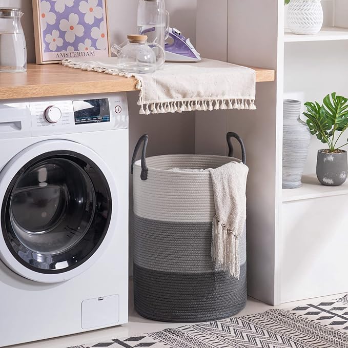 Woven Rope Laundry Hamper Basket by YOUDENOVA, 72L Tall Laundry Basket, Baby Nursery Hamper for Blanket Storage in Bedroom-Large-Dark Grey