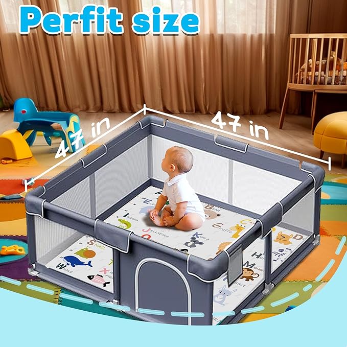 Baby Play Mat，Thick Soft 47" X 47" Playpen mat, Non-Slip and Machine Washable Baby Play Mats for Floor，Crawling Mat for Babies, Toddlers & Infants to Play and Learn (Animal Alphabet-A)