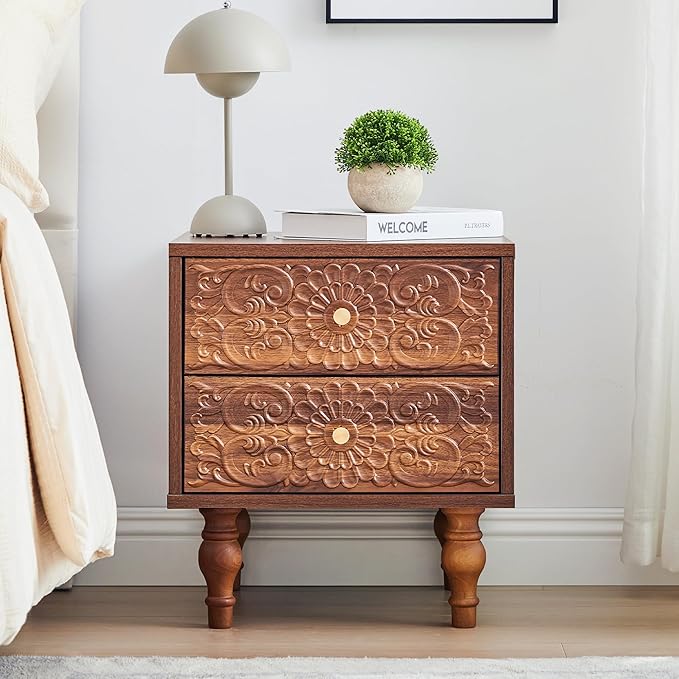 Nightstand, Farmhouse Bedside Table with 2 Drawers and Metal Handles, Wood Sofa Side Table End Table Accent Dresser for Bedroom, Living Room (Walnut-2 Packs)