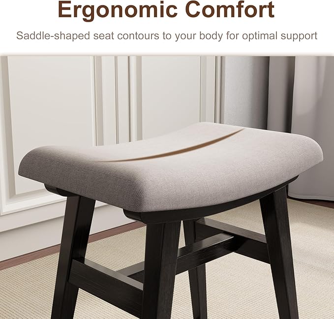 Solid Wood Small Vanity Stool, Compact Makeup Chair with Saddle Cushion, Linen-Covered High Rebound Sponge Seat, Easy Assembly Footstool, Modern Ottoman for Bedroom, Entryway, Home, Black