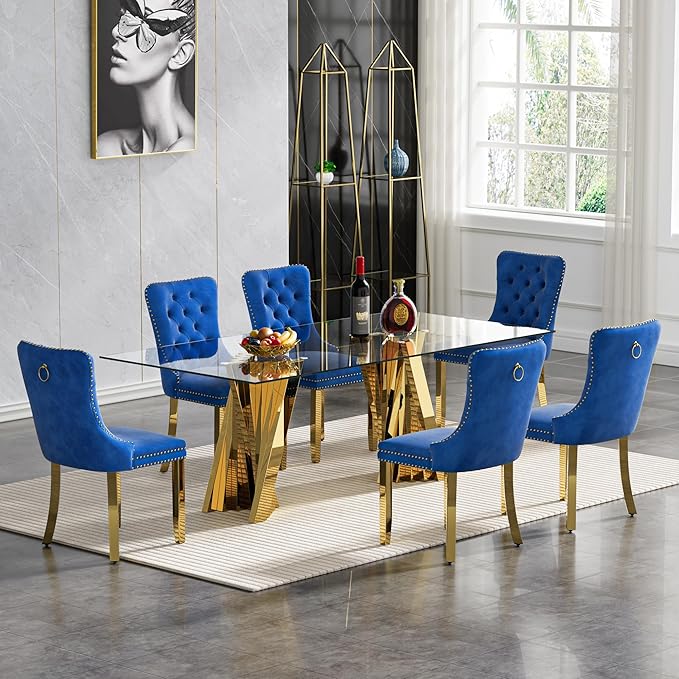 Goujxcy 70" Glass Dining Table Set for 6, Modern Gold Dining Table Set with 6 Blue Velvet Upholstered Dining Chairs, 7 Piece Kitchen Dining Room Table Set with Stainless Steel Legs