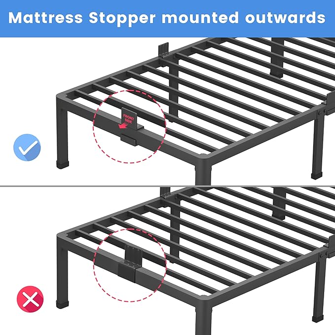 MAF 20 Inch Full Size Bed Frame with Round Corner Legs Mattress Slide Stopper No Box Spring Needed Heavy Duty Metal Platform Bed Frames Under-Bed Storage Space, 3000 LBS Steel Slats Support