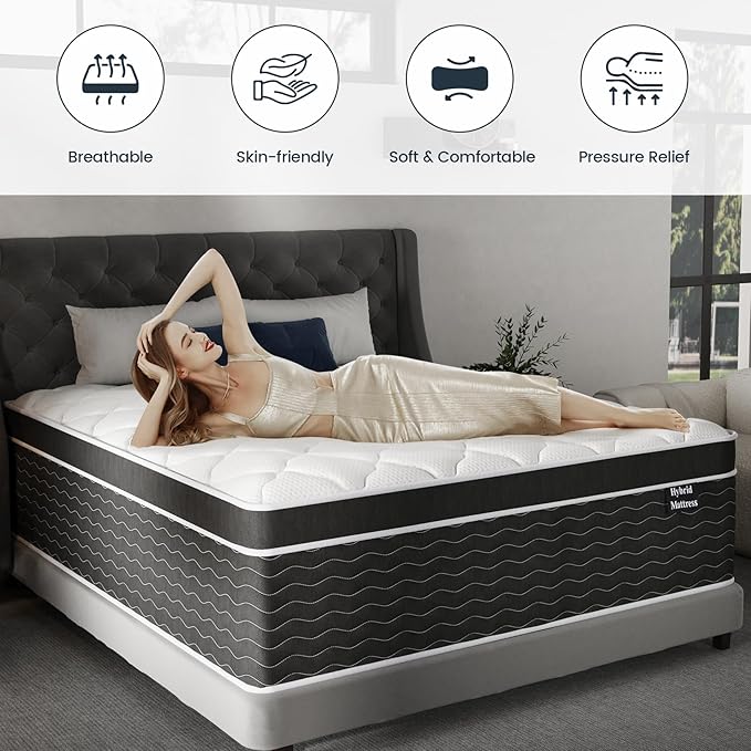 10 Inch Full Size Mattress in a Box, 7-Zone Contouring Support Hybrid Full Bed Matress, Pocketed Springs with Memory Foam, Comfort Sleep, Motion Isolation, CertiPUR-US Certified, Medium Firm