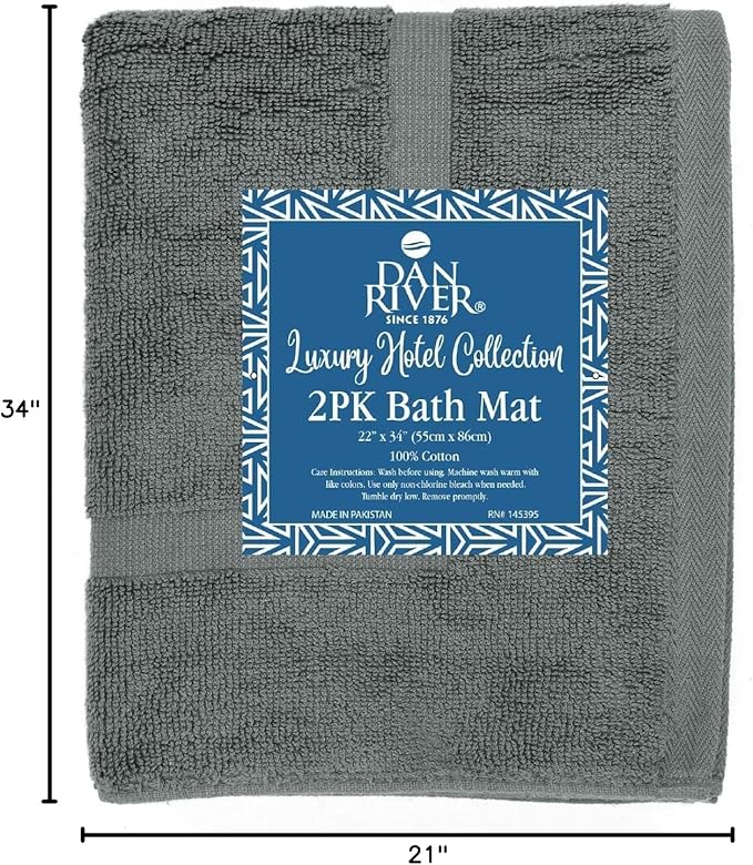 DAN RIVER Classic Bath Mat - Gray, 100% Ring Spun Cotton, Pack of 2, 21x34 inches, 800 GSM, Non-Slip, Absorbent, Quick Drying, Machine Washable Bathroom Floor Mats for Shower, Kitchen & Bath