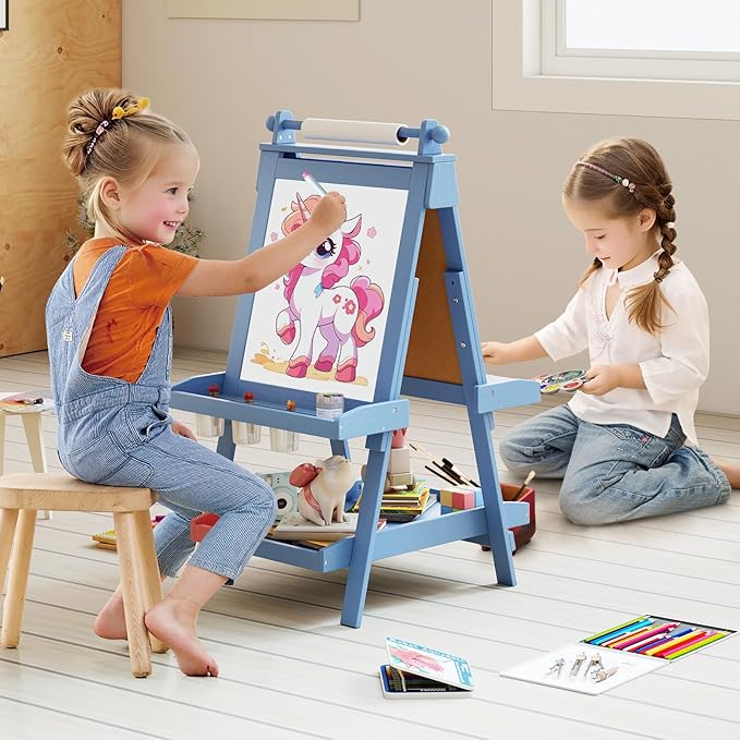 OLAKIDS Easel for Kids, 3 in 1 Adjustable Painting Art Board, Foldable Double-Sided Wooden Drawing Chalkboard Magnetic Whiteboard with Paper Roll, Storage Rack, Cups for Boy Girls (Blue)