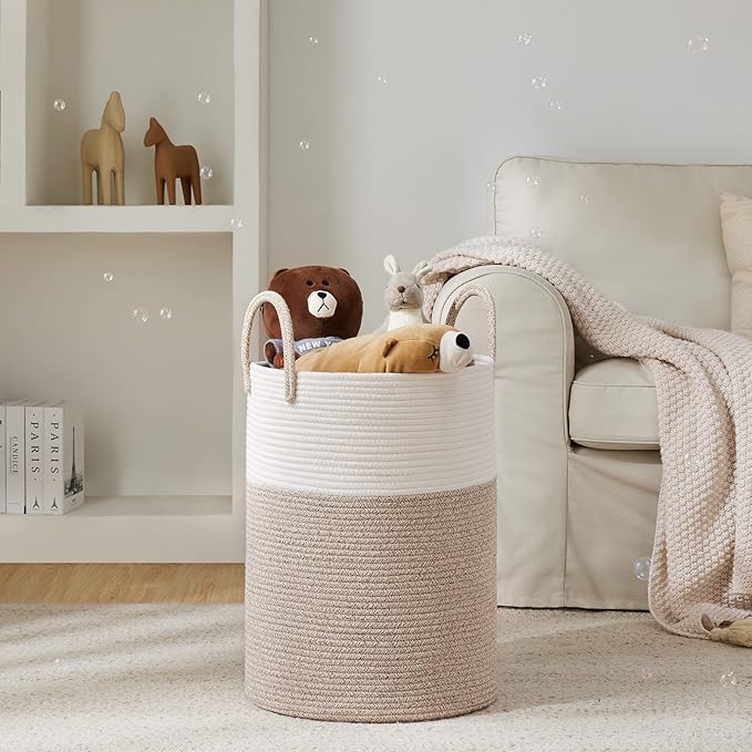 Woven Rope Laundry Hamper Basket, 72L Tall Luandry Basket, Baby Nursery Hamper for Blanket Storage in Bedroom-Large-Brown