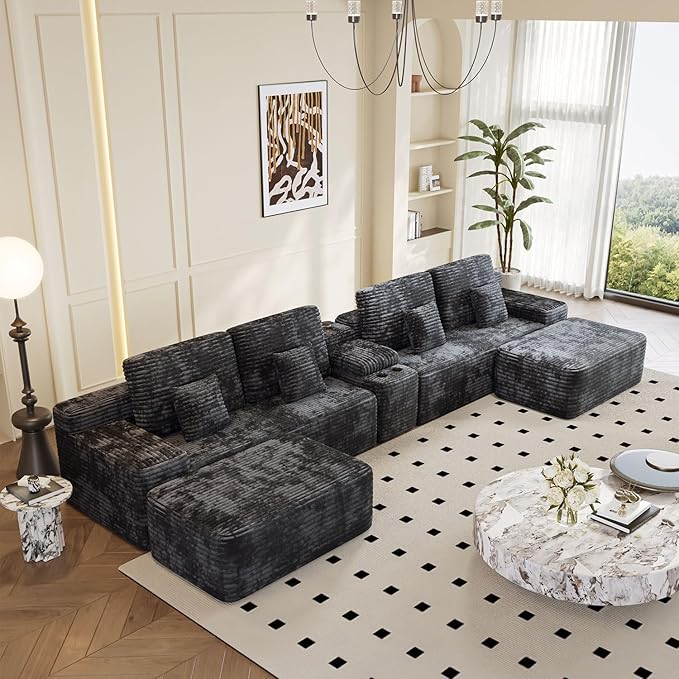 KEIKI 150" U-Shaped Oversized Corduroy Modular Sectional Sofa with 2 Ottomans and Multi Functional Console, 6-Seater Upholstered Couch with USB and 2 Cup Holder, Easy Assembly, for Living Room, Black