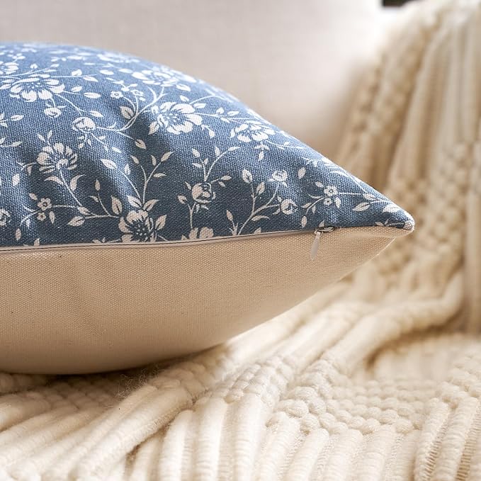 Alerfa Set of 2 Floral Pillow Covers 18x18, Vintage Block Print Throw Pillow Covers Decorative Farmhouse Accent Couch Pillows for Living Room Bedroom, Blue