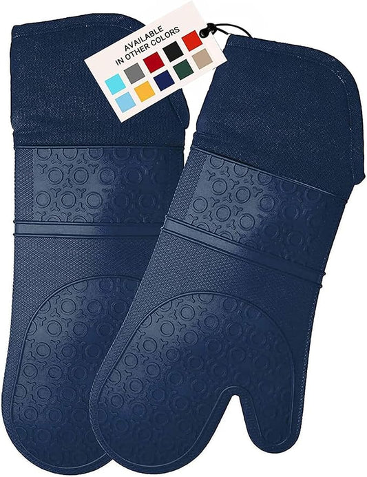 BPA-Free Soft Silicone Oven Mitts - Ultra Heat Resistant Oven Mitts with Thick Cotton Liner - Extra Long Slip Resistant Pot Holders, Flexible Oven Gloves - Navy 14.7"