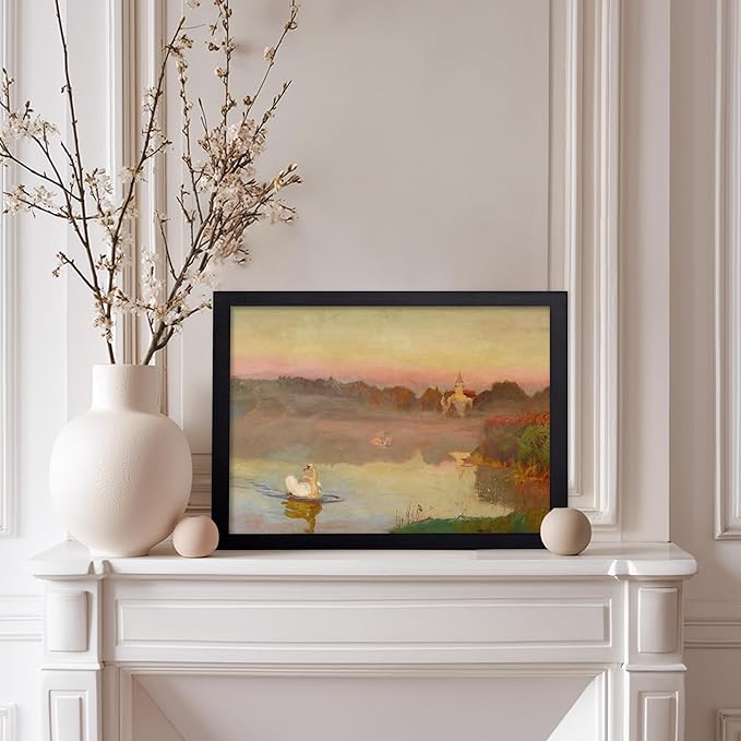 Poster Master Vintage Pond in Radziejowice Poster - Retro Swan Print - Lake Art - Landscape Art - Farmhouse Art - Animal Lover Art - Aesthetic Living Room or Office Decor, 8x10 Black Framed