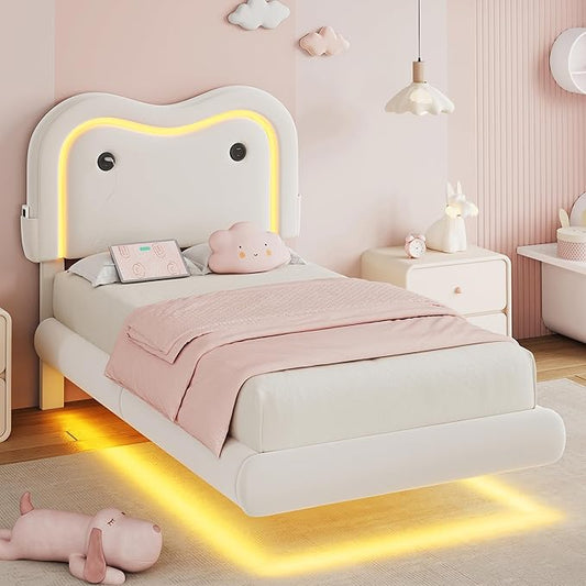 Twin Size Floating Bed Frame with LED Lights, Velvet Upholstered Headboard Bed Frame for Kids/Girls, Rounded Corners, Charging Station, No Box Spring Needed, White