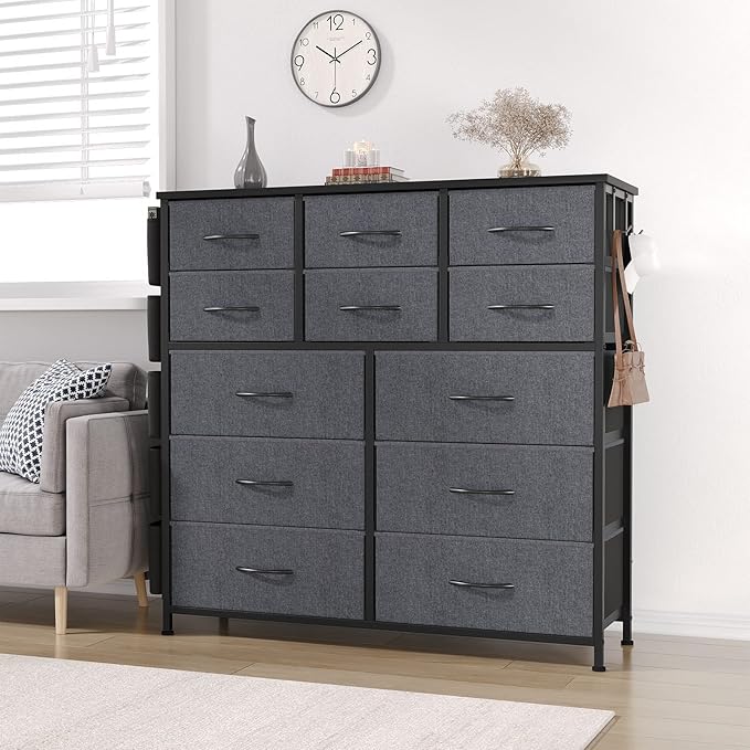 Dresser for Bedroom with 12 Drawers, Tall Dresser Chest of Drawers with 5 Side Pockets and Hooks, Wooden Top Fabric Dresser Storage Tower for Closet, Hallway, Living Room, Dark Grey