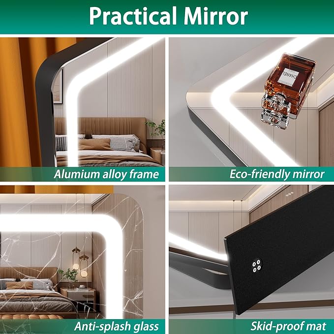 Hasipu Vanity Mirror with Lights, 24.2" x 18.9" LED Make up Mirror, Light up Mirror with 10X Magnification and USB Charging Port, Phone Holder, Smart Touch 3 Colors Dimmable, 360° Rotation (Black)