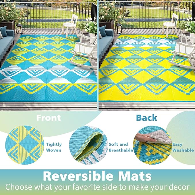Beeiva Outdoor Rug Waterproof for Patio 6x9, Reversible Plastic Straw Mat for Camping, Modern Geometric Outside Rugs for Rv, Deck, Porch, Picnic, Beach, Balcony - Blue & Yellow