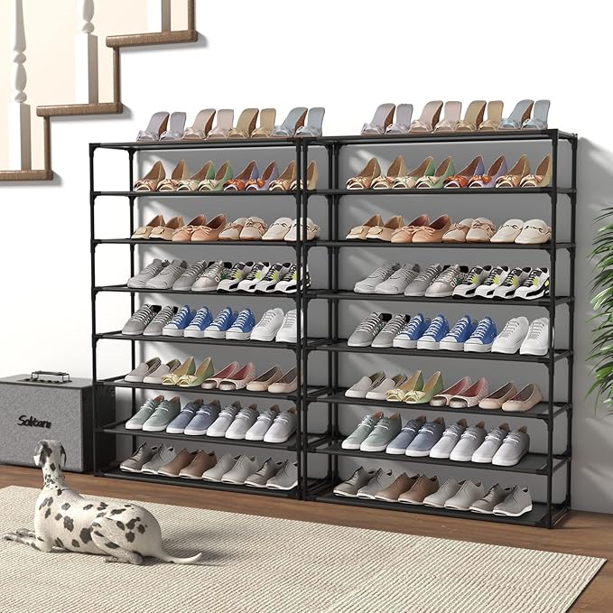 TY ARTS & CULTURE 2 Pack 8-Tiers Shoe Rack Organizer, Sturdy Metal Pipes & Durable Non-Woven Fabric, Space Saving Tall Shoe Shelf Hold 64-80 Pairs, Shoe Rack for Entryway (Black)