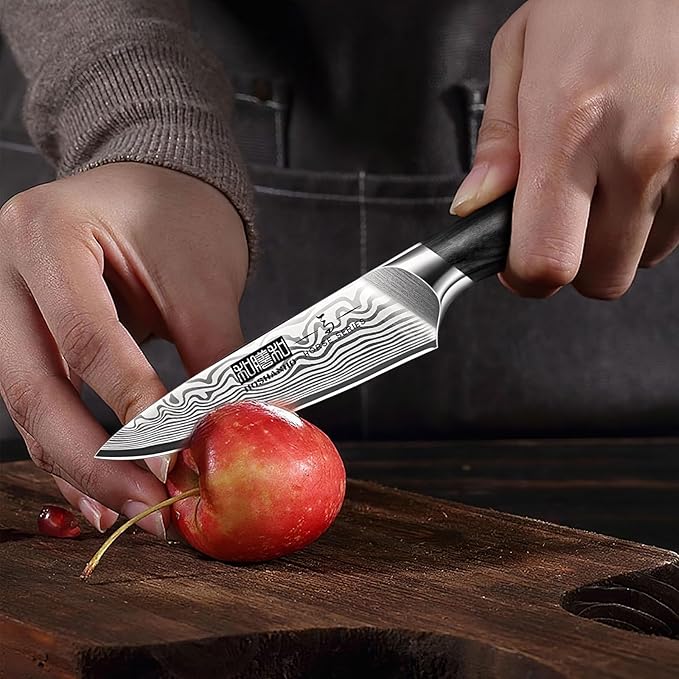 Paring Knife 3.75 Inch, High Carbon Powder Steel Forged Small Kitchen Knives, Razor Sharp Japanese Fruit Knife with Ergonomic Pakkawood Handle