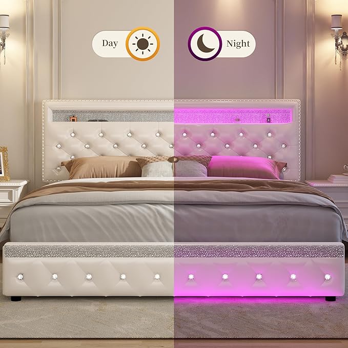 King Led Bed Frame with 2 Drawers, Heavy King Size Platform Bed Frame with Storage, Upholstered Bed Frames with Adjustable Headboard, Noise Free, Easy Assembly, No Box Spring Needed, PU White