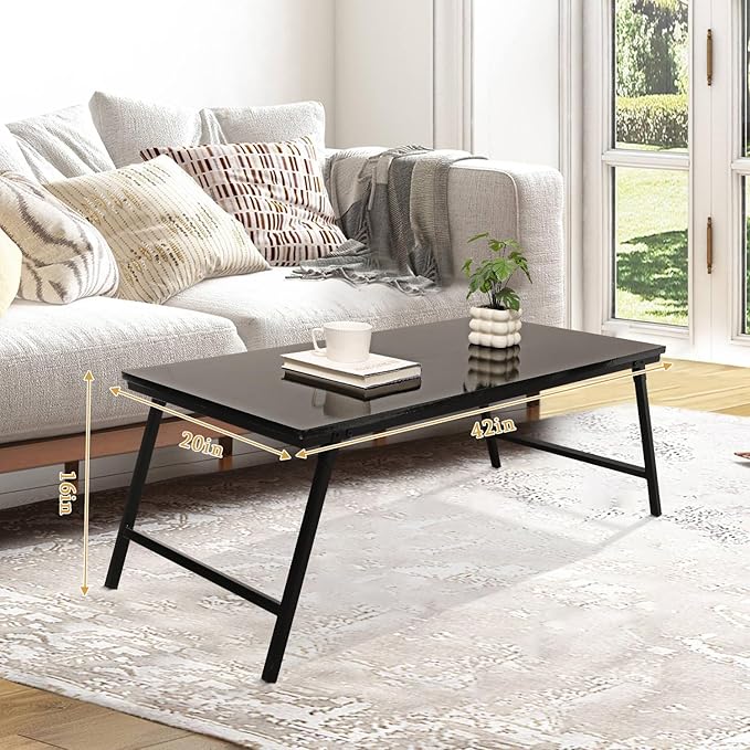 Foldable Coffee Tables for Small Spaces Portable Wooden Low Table with Metal Legs No Assembly Rectangular Coffee Table for Living Room Home, Office, Space Saving, Black Gold