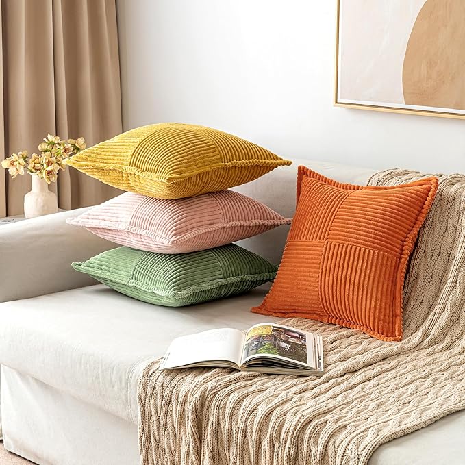 MIULEE Orange Fall Decorative Throw Pillow Covers for Couch Bed Livingroom 18x18 Inch Set of 2 Boho Accent Throw Pllows Broadside Striped Patchwork Soft Corduroy Pillowcases