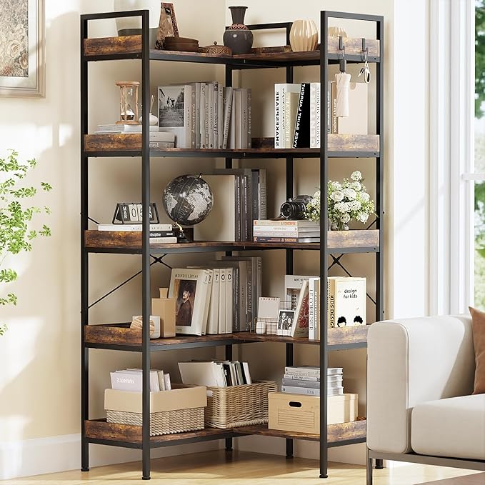 KOUSEI 5-Tier L-Shaped Reversible Corner Bookshelf, 65" Rustic Brown Industrial Wood & Metal Bookcase, Wide Open Shelves + 4 Hooks for Living Room/Bedroom/Home Office