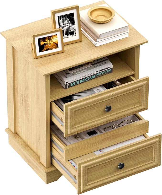 XIAO WEI Nightstand with Hidden Drawer, 2-Drawer Nightstand with Open Shelf – Sturdy Wood Bedroom End Table for Storage, Modern Furniture for Bedroom Organization, Natural Wood