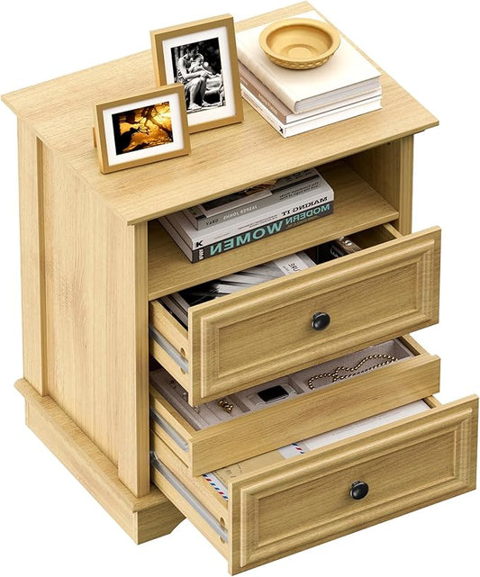 XIAO WEI Nightstand with Hidden Drawer, 2-Drawer Nightstand with Open Shelf – Sturdy Wood Bedroom End Table for Storage, Modern Furniture for Bedroom Organization, Natural Wood