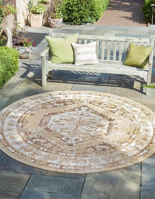 Unique Loom Outdoor Traditional Collection Area Rug - Valeria (10' Round, Natural/ Ivory)