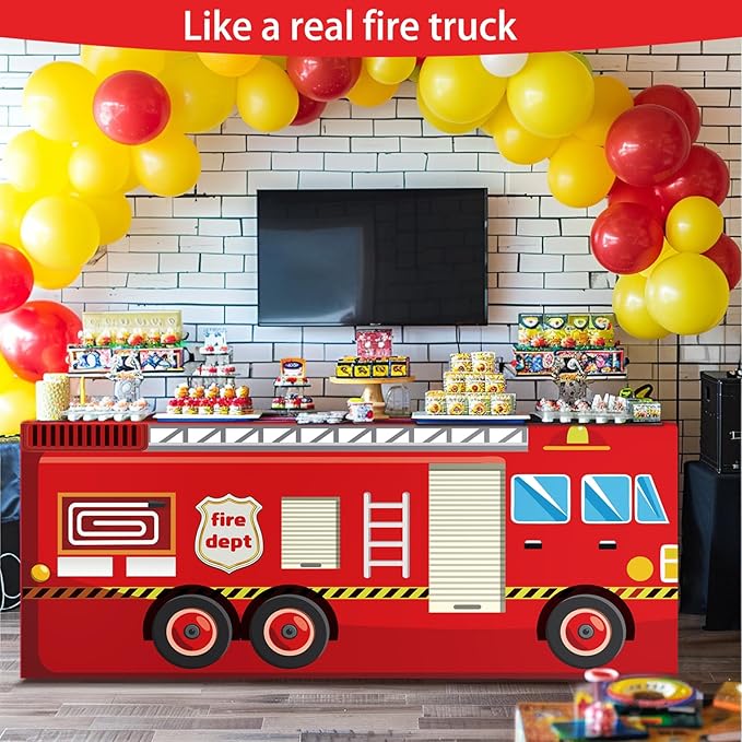 8Ft Fire Truck Birthday Party Tablecloth,Firefighter Birthday Party Decorations,Fire Truck Table Cloth for Kids Boys Firefighter Firetruck Theme Party Decorations Supplies