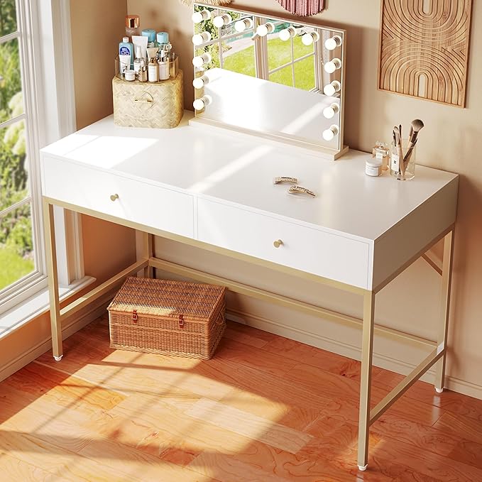 SUPERJARE Vanity Desk with Drawers, 47 inch Computer Desk, Modern Simple Home Office Desks, Makeup Dressing Table for Bedroom - White and Gold, 7997G