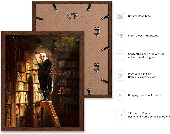 Poster Master Vintage The Bookworm Print - Retro Reading Book Print - Book Lover Art - Library Painting Wall Design - Librarian Art - Great Living Room or Office Wall Decor - 11x14 Brown Framed