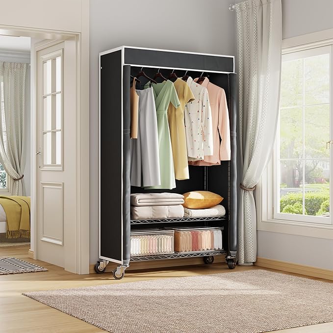 H4 Garment Rack with Cover, Rolling Heavy Duty Clothes Rack, Wardrobe Closet Organizer and Storage, Portable Closet for Hanging Clothes, Black Clothing Rack Shelf with Black Fabric Cover