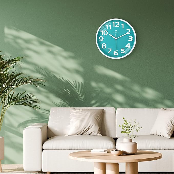 Lafocuse 12 Inch Silent 3D Numbers Teal Wall Clock for Living Room Decor, Battery Operated Teal Clocks for Girls Room Bedroom Office Kitchen