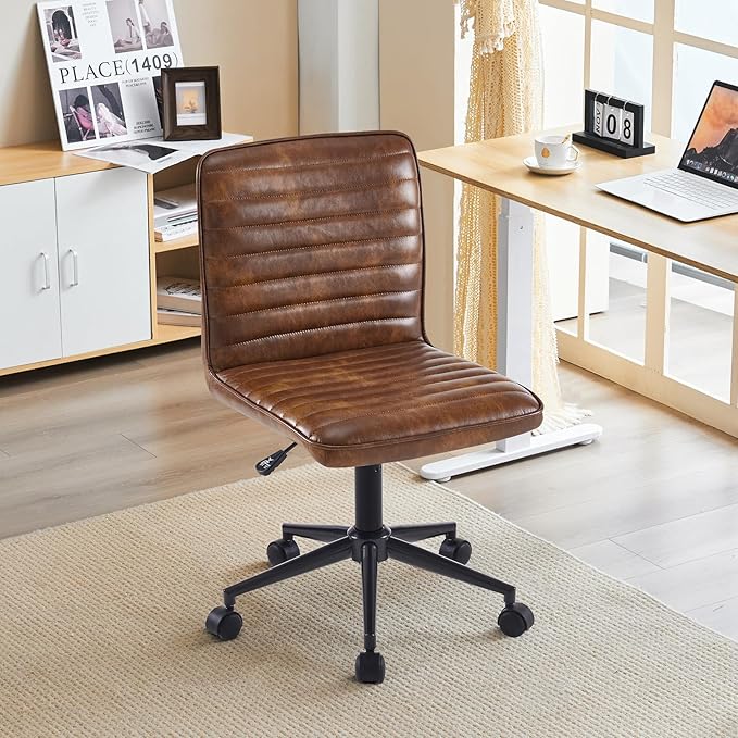 Furnimart Armless Office Desk Chair Task Chair Faux Leather Upholstered Task Chair Teen Desk Chair Mid-Back 360° Swivel Adjustable Small Chair (Leather-DustYellow)